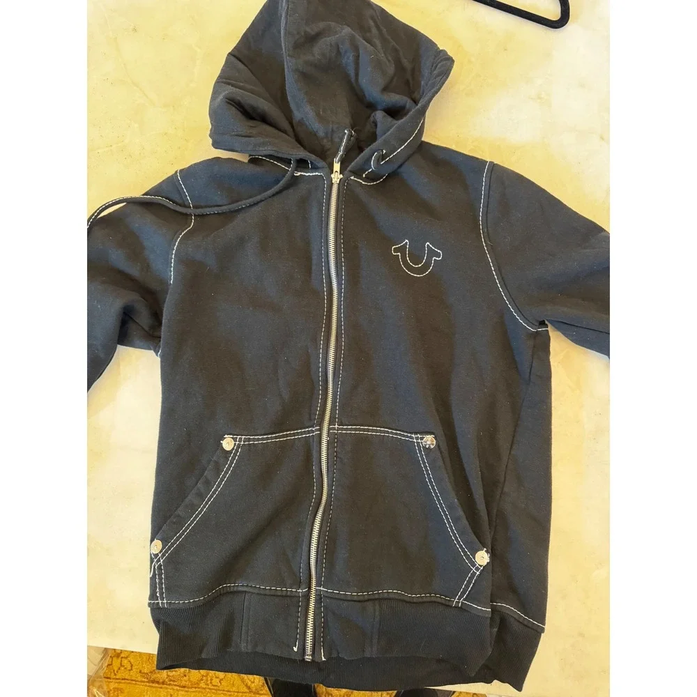True Religion World Tour Zip Up Hoodie Black Contrast Stitch Buddha Mens Medium